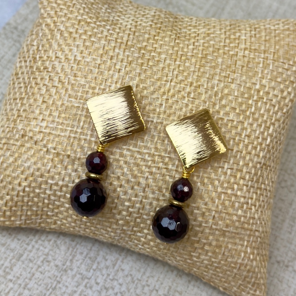 Handmade Gold Plated Garnet Pierced Earrings